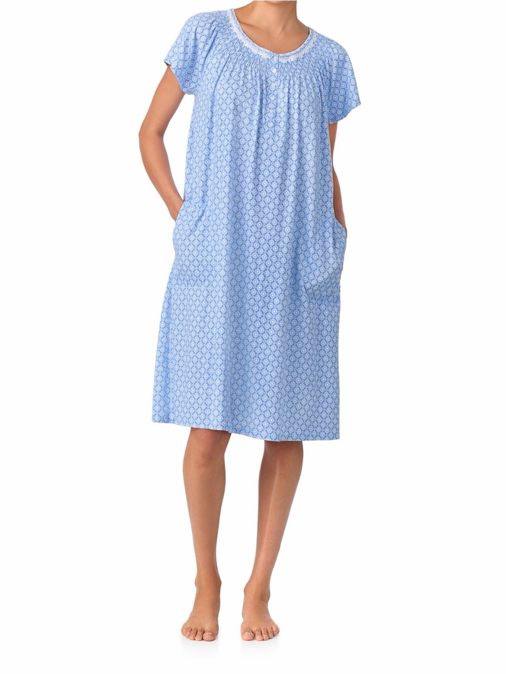 Aria Women's 5X Blue and White Floral Cotton Raglan Sleeve Smocked Nightgown